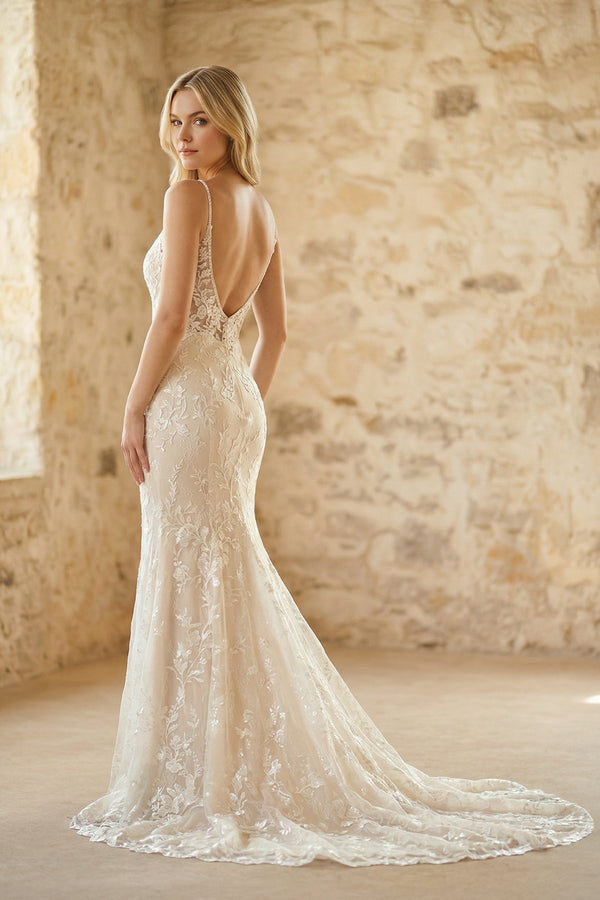 V Neck Mermaid Lace Wedding Dress in White and Nude - KISS BRIDAL Wedding Dresses