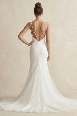V - Neck Mermaid Satin Ruched Wedding Dress in White - KISS BRIDAL Wedding Dresses