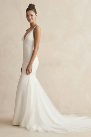 V - Neck Mermaid Satin Ruched Wedding Dress in White - KISS BRIDAL Wedding Dresses
