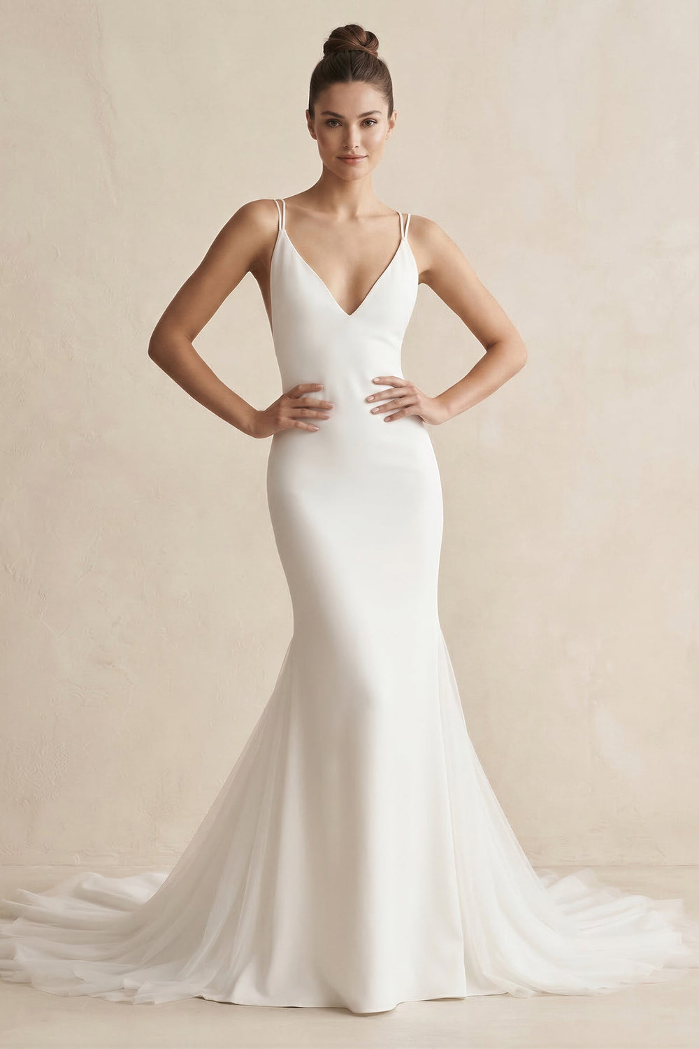V-Neck Mermaid Satin Ruched Wedding Dress in White