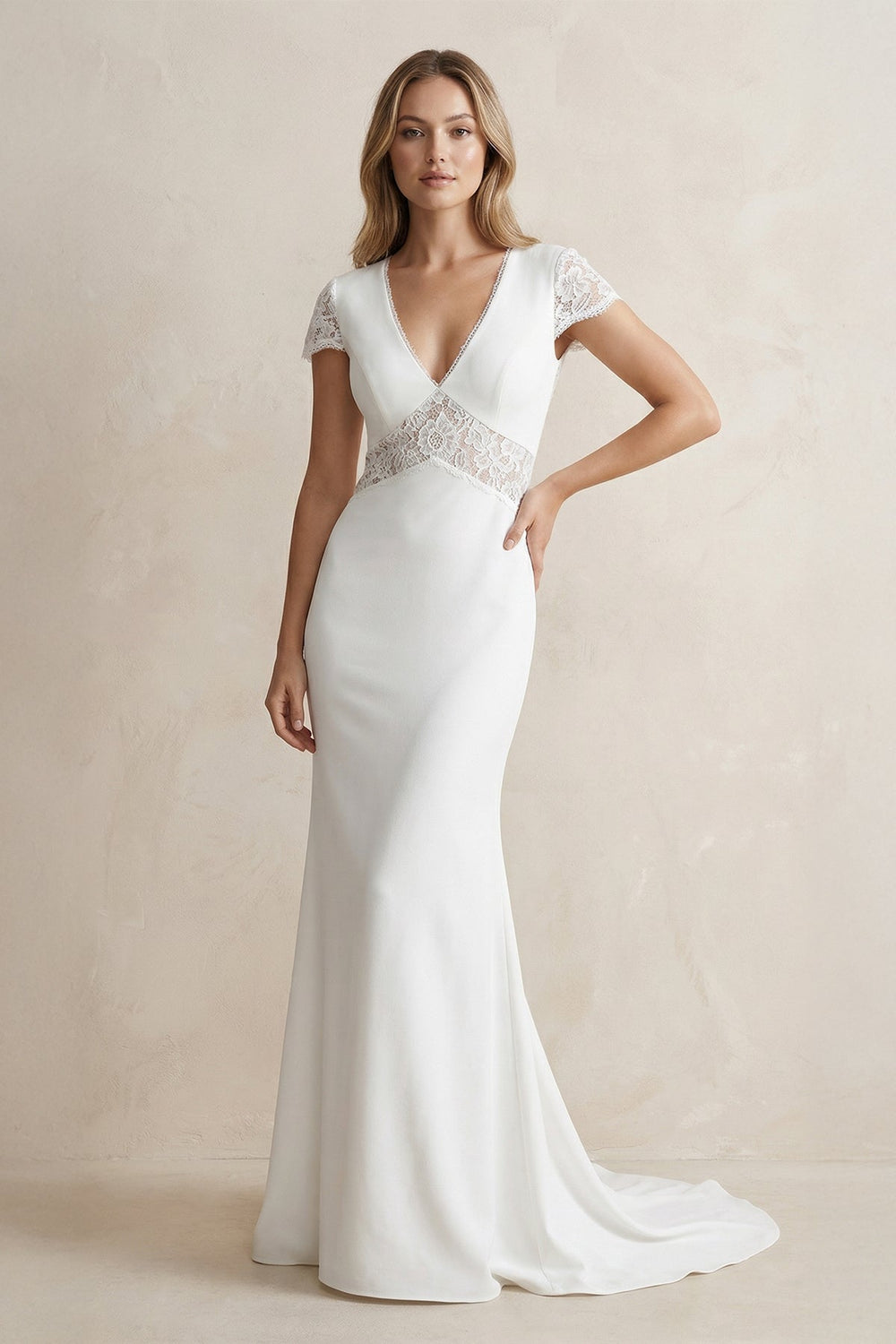 V Neck Mermaid  Short Sleeves Satin Wedding Dress in White