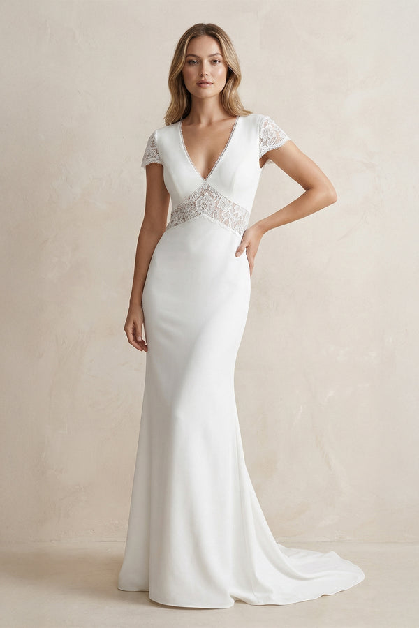 V Neck Mermaid Short Sleeves Satin Wedding Dress in White - KISS BRIDAL Wedding Dresses