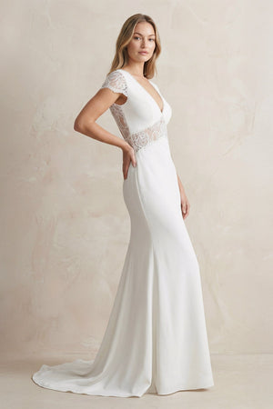 V Neck Mermaid Short Sleeves Satin Wedding Dress in White - KISS BRIDAL Wedding Dresses