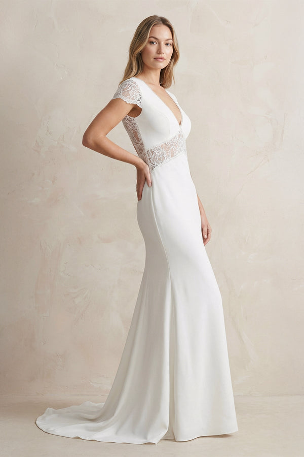V Neck Mermaid Short Sleeves Satin Wedding Dress in White - KISS BRIDAL Wedding Dresses