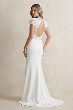 V Neck Mermaid Short Sleeves Satin Wedding Dress in White - KISS BRIDAL Wedding Dresses