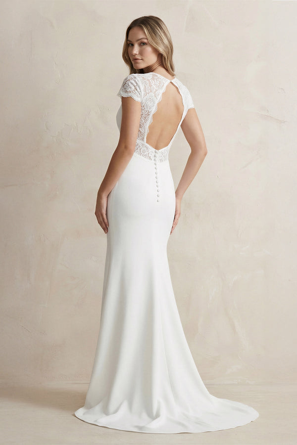 V Neck Mermaid Short Sleeves Satin Wedding Dress in White - KISS BRIDAL Wedding Dresses