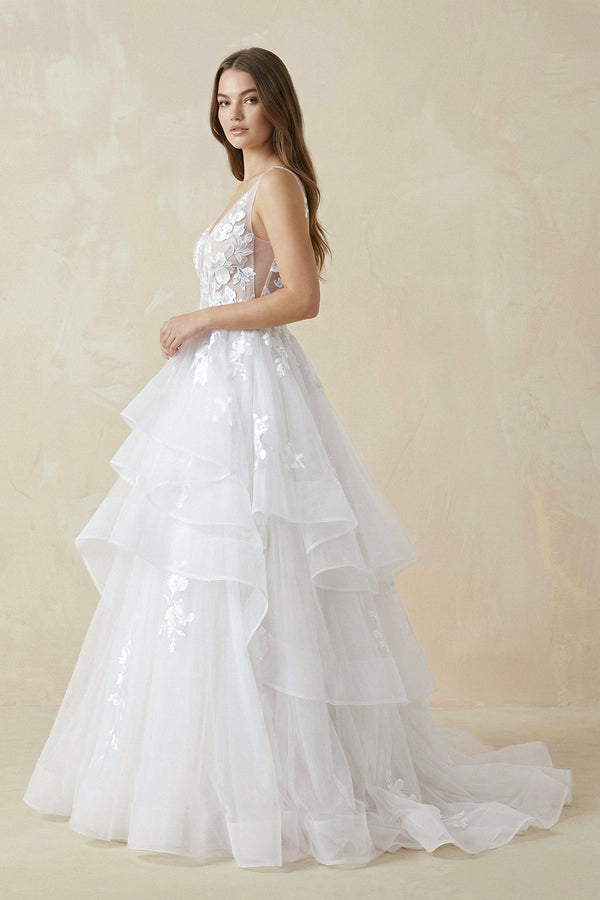V - Neck Organza A - Line Wedding Dress with Appliqué - KISS BRIDAL Wedding Dresses