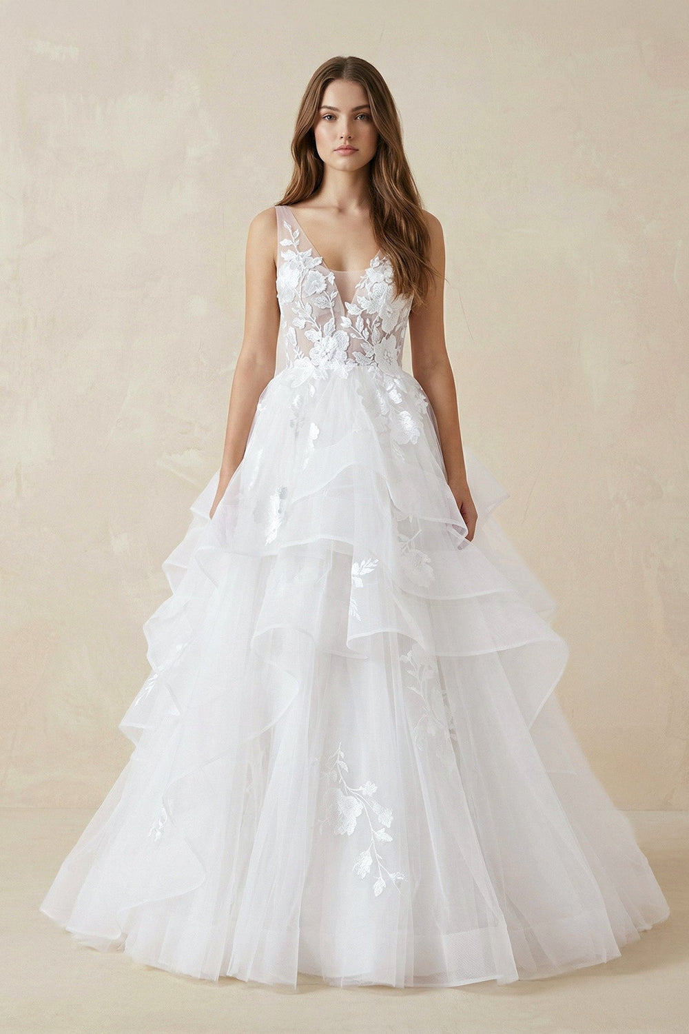 V-Neck Organza Ball-Gown Wedding Dress with Appliqued