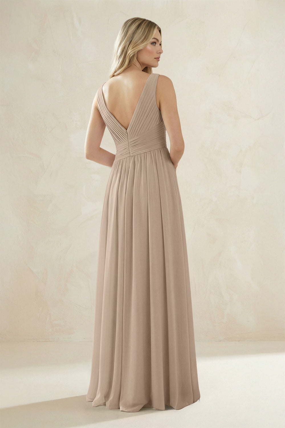 V-Neck Pleated A-Line Bridesmaid Dress in Almond