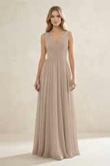 V-Neck Pleated A-Line Bridesmaid Dress in Almond | KISSBRIDAL