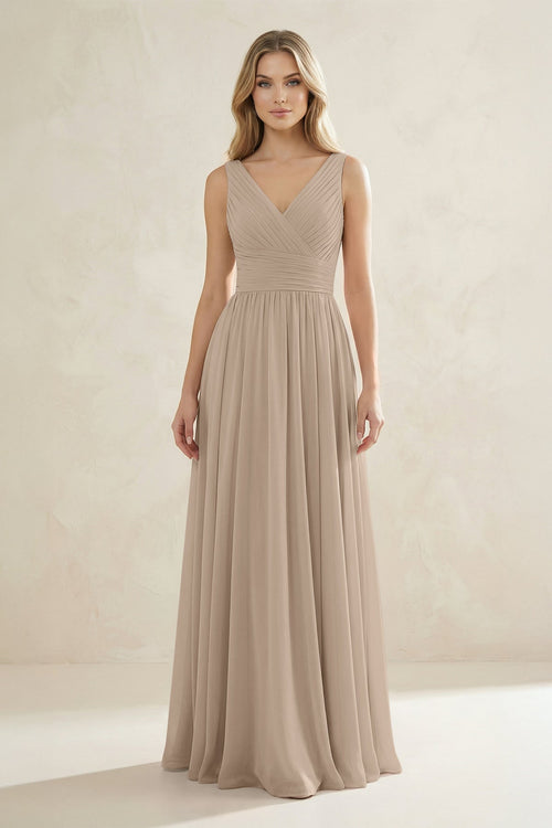V-Neck Pleated A-Line Bridesmaid Dress in Almond | KISSBRIDAL