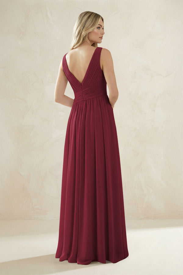 V-Neck Pleated A-Line Bridesmaid Dress in Berry (2) | KISSBRIDAL