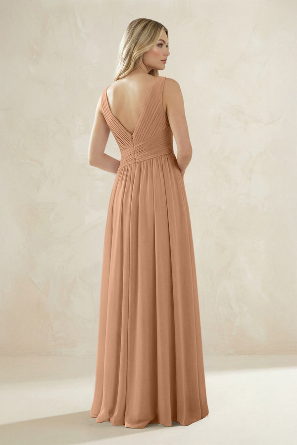 V - Neck Pleated A - Line Bridesmaid Dress in Bronzer - KISS BRIDAL Bridesmaid Dresses