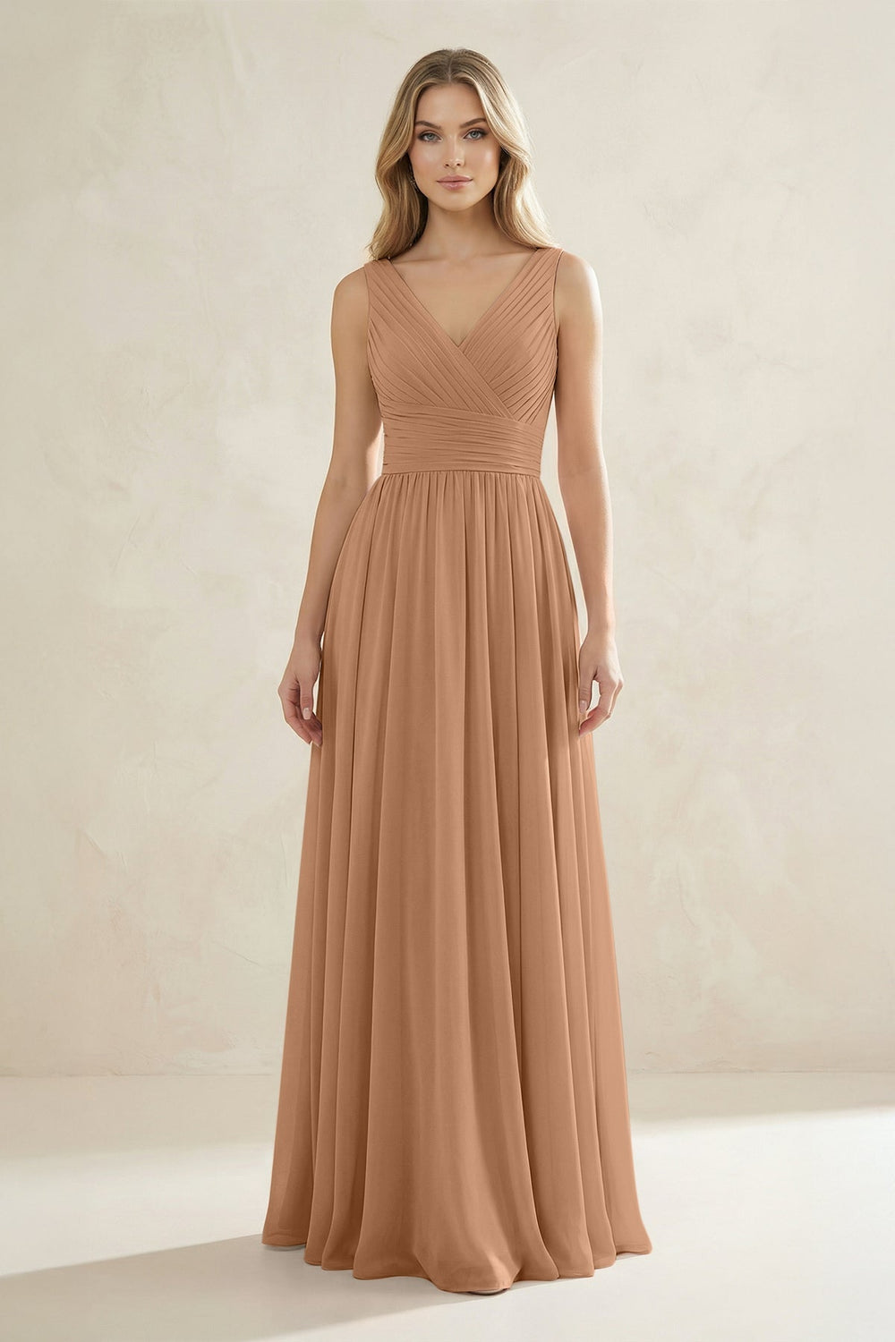 V-Neck Pleated A-Line Bridesmaid Dress in Bronzer