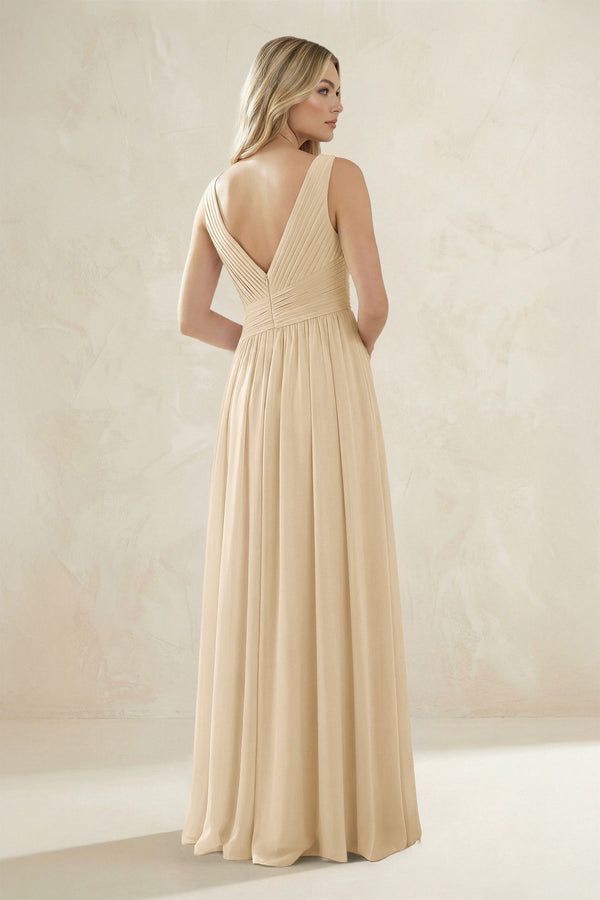 V-Neck Pleated A-Line Bridesmaid Dress in Champagne (2) | KISSBRIDAL