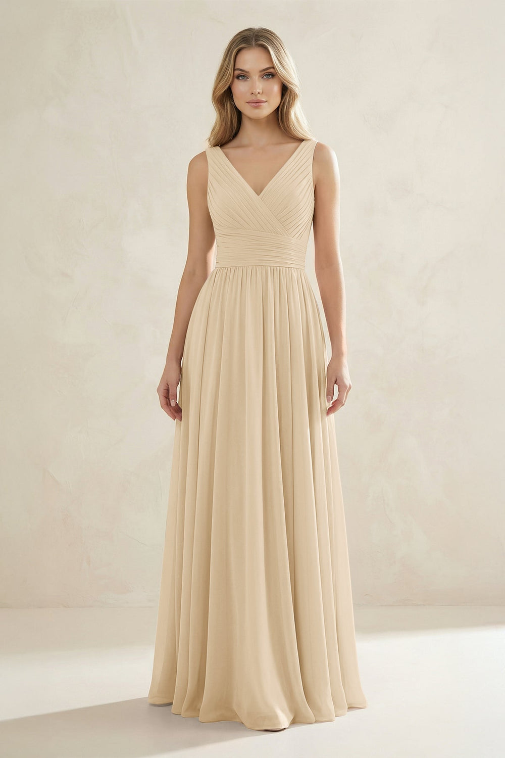 V-Neck Pleated A-Line Bridesmaid Dress in Champagne