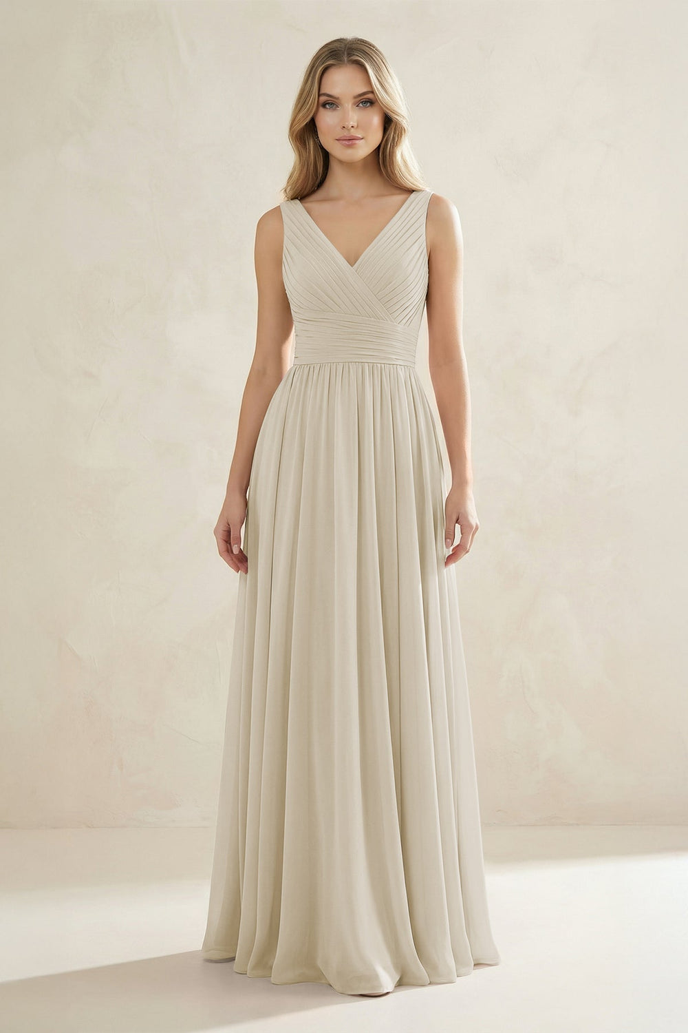 V-Neck Pleated A-Line Bridesmaid Dress in Dove Gray