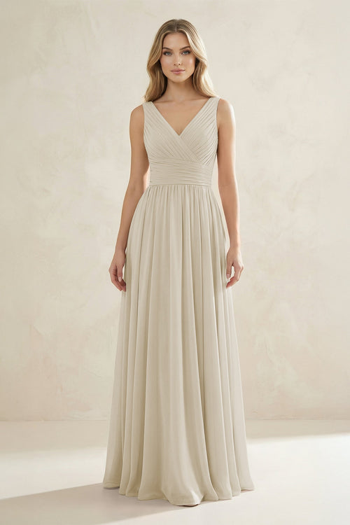 V - Neck Pleated A - Line Bridesmaid Dress in Dove Gray - KISS BRIDAL Bridesmaid Dresses