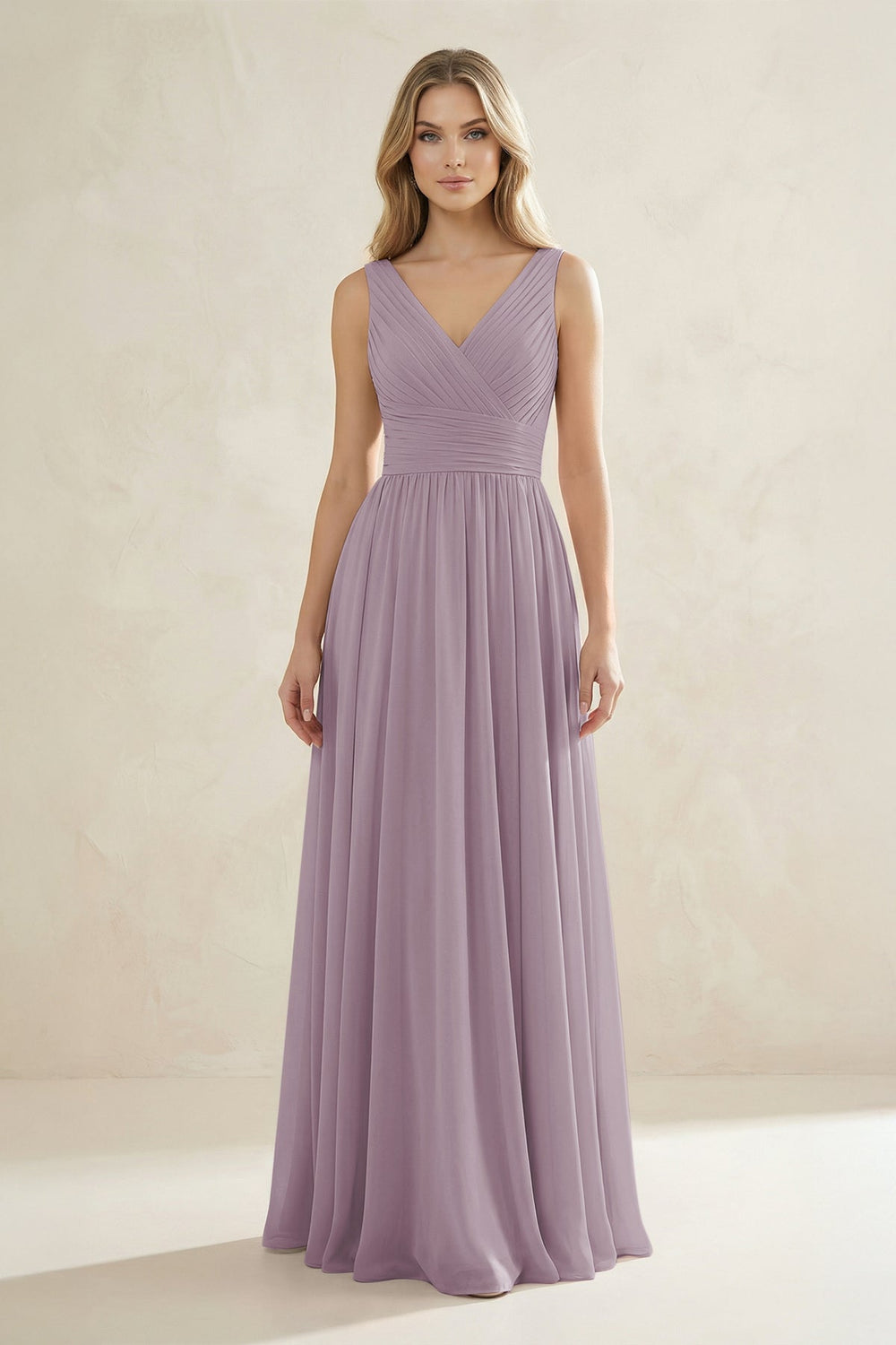 V-Neck Pleated A-Line Bridesmaid Dress in Dusk
