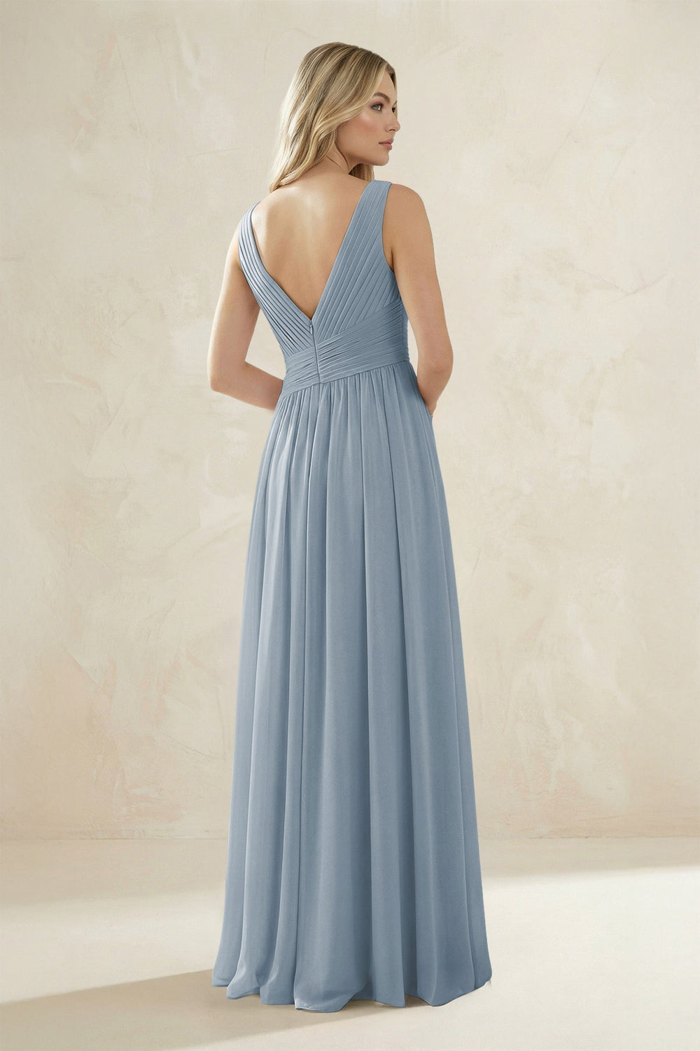 V-Neck Pleated A-Line Bridesmaid Dress in Dusty Blue