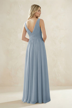 V-Neck Pleated A-Line Bridesmaid Dress in Dusty Blue (2) | KISSBRIDAL