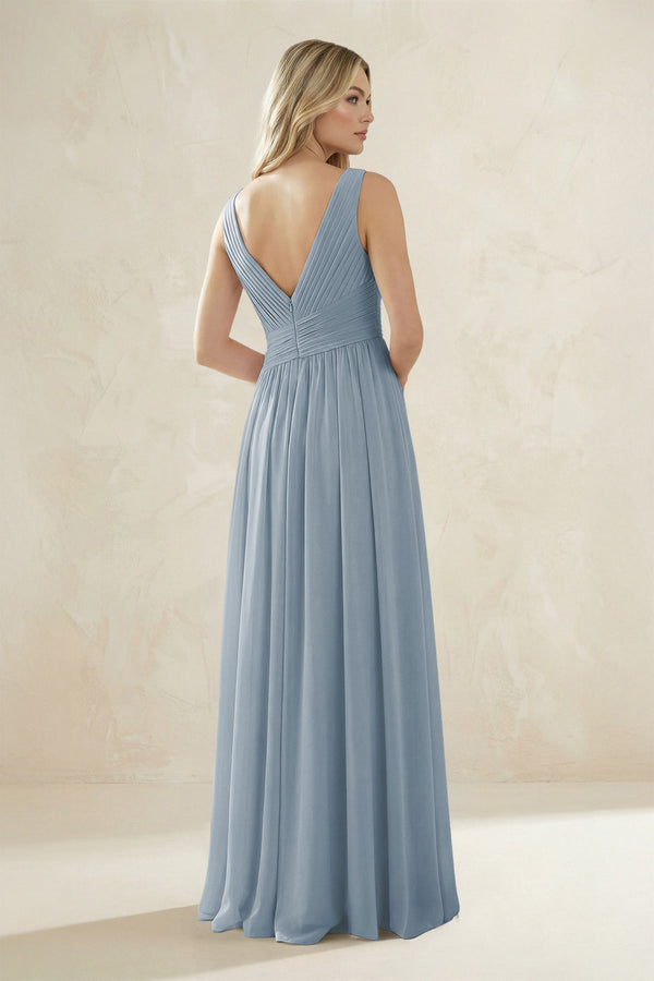V-Neck Pleated A-Line Bridesmaid Dress in Dusty Blue (2) | KISSBRIDAL