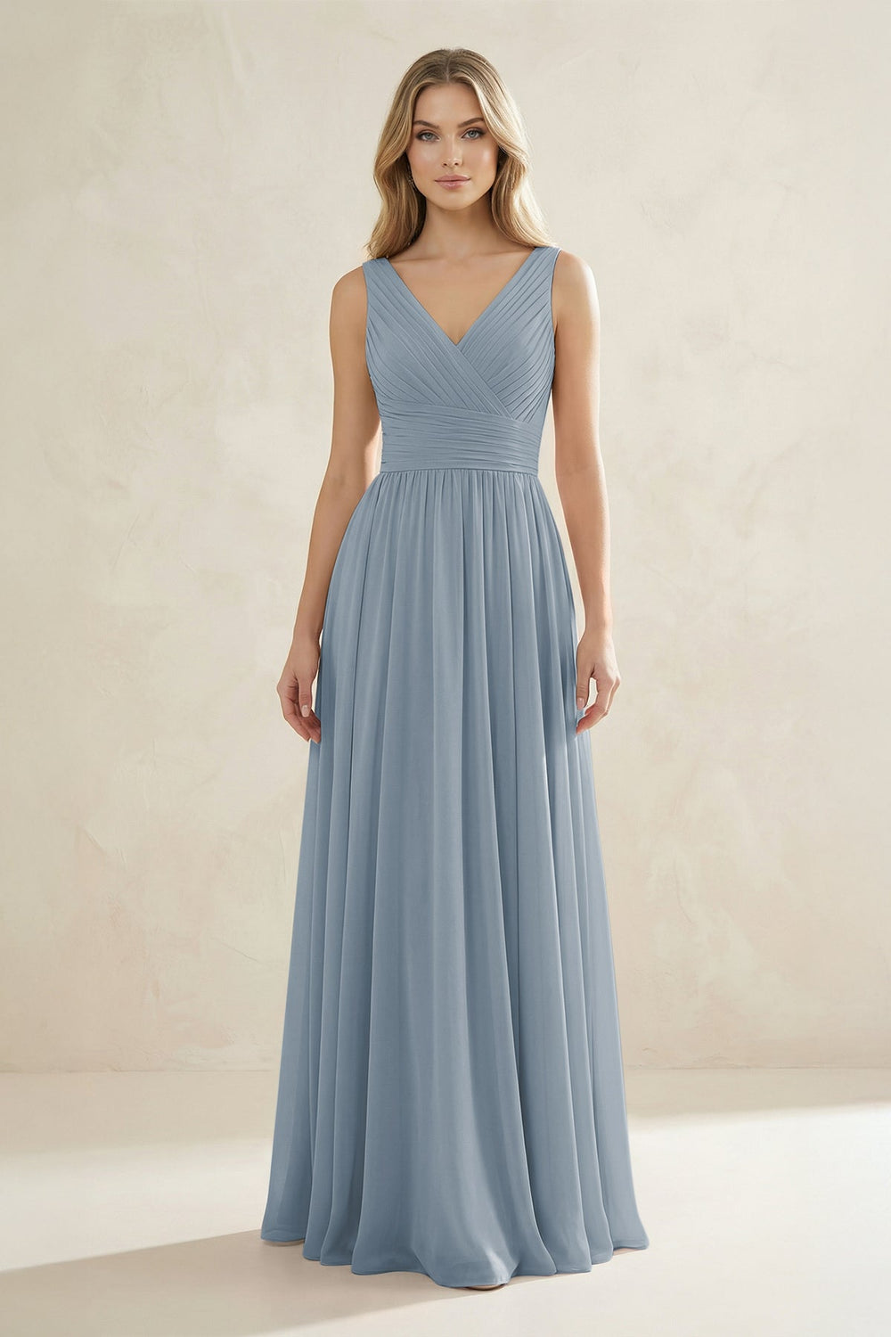 V-Neck Pleated A-Line Bridesmaid Dress in Dusty Blue