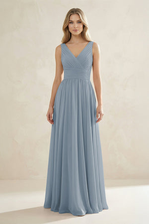 V-Neck Pleated A-Line Bridesmaid Dress in Dusty Blue | KISSBRIDAL
