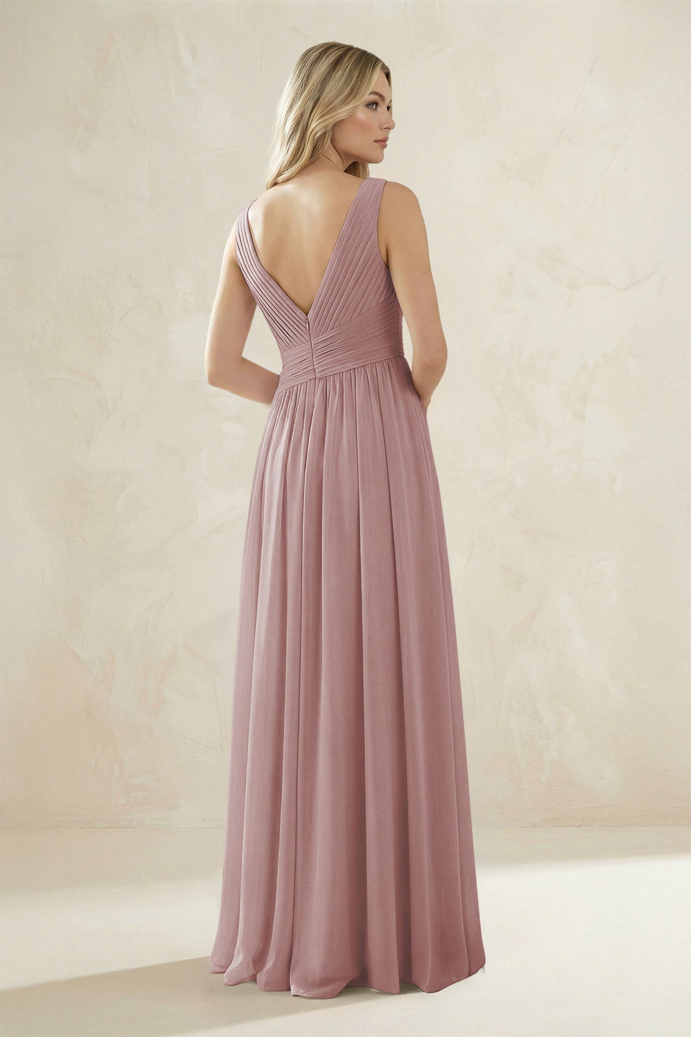 V-Neck Pleated A-Line Bridesmaid Dress in Dusty Rose