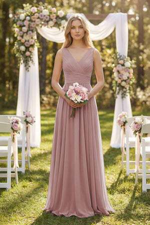 V-Neck Pleated A-Line Bridesmaid Dress in Dusty Rose (4) | KISSBRIDAL
