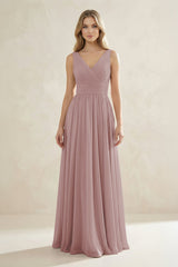 V-Neck Pleated A-Line Bridesmaid Dress in Dusty Rose | KISSBRIDAL