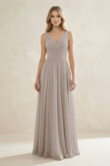 V-Neck Pleated A-Line Bridesmaid Dress in Frost | KISSBRIDAL