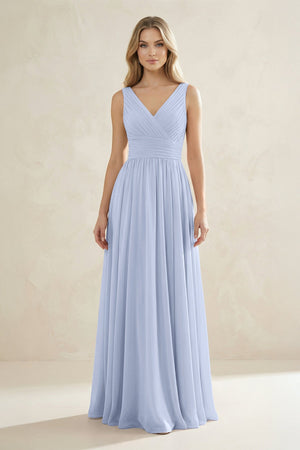 V-Neck Pleated A-Line Bridesmaid Dress in Ice | KISSBRIDAL