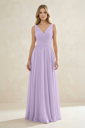 V - Neck Pleated A - Line Bridesmaid Dress in Lavender - KISS BRIDAL Bridesmaid Dresses