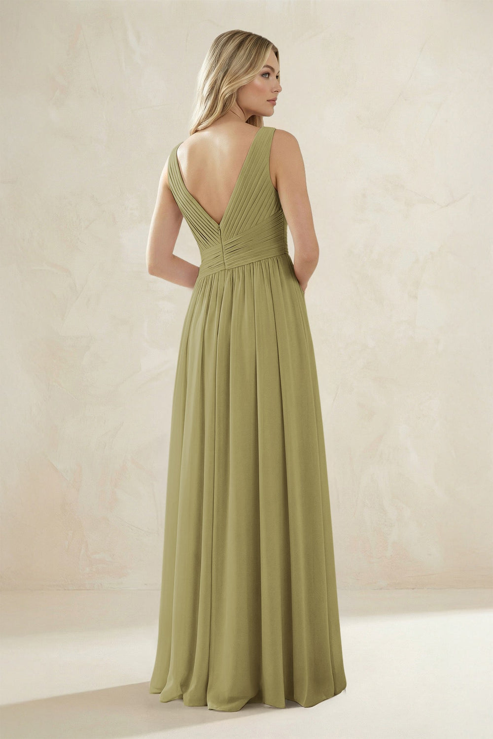V-Neck Pleated A-Line Bridesmaid Dress in Moss Green