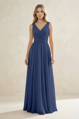 V - Neck Pleated A - Line Bridesmaid Dress in Navy - KISS BRIDAL Bridesmaid Dresses
