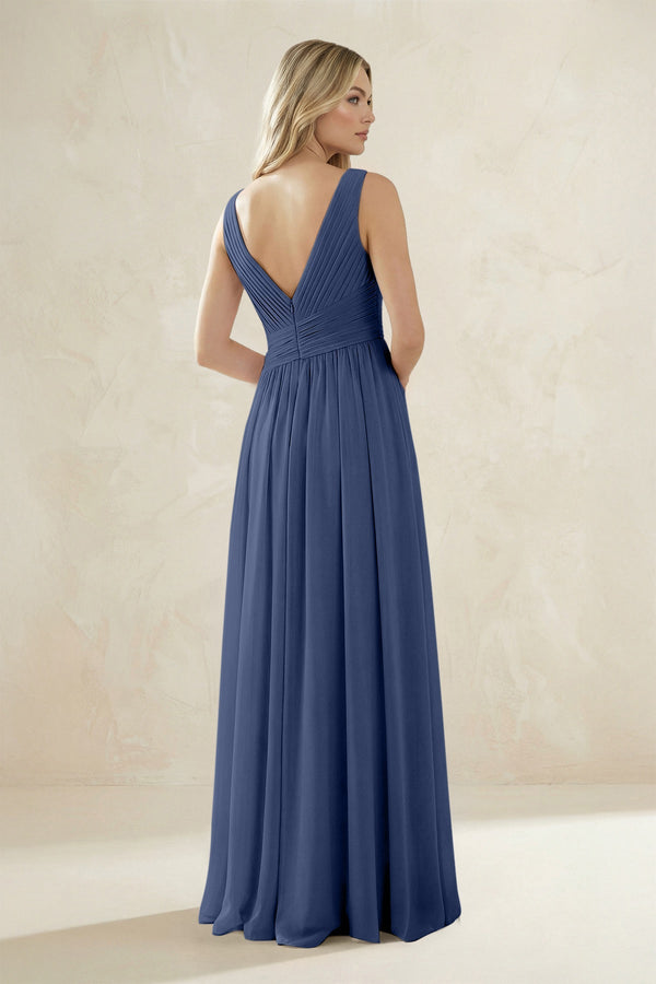 V - Neck Pleated A - Line Bridesmaid Dress in Navy - KISS BRIDAL Bridesmaid Dresses