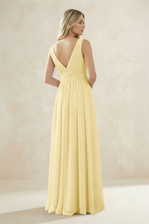 V - Neck Pleated A - Line Bridesmaid Dress in Pastel Yellow - KISS BRIDAL Bridesmaid Dresses