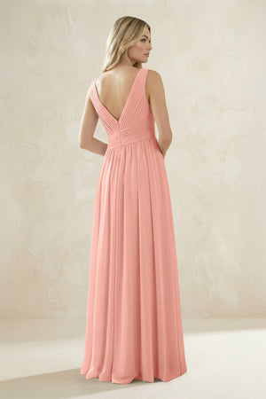 V-Neck Pleated A-Line Bridesmaid Dress in Rosette (2) | KISSBRIDAL