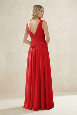 V - Neck Pleated A - Line Bridesmaid Dress in Ruby Red - KISS BRIDAL Bridesmaid Dresses