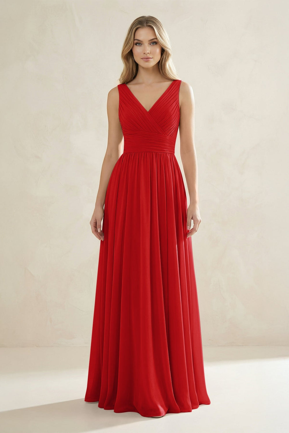 V-Neck Pleated A-Line Bridesmaid Dress in Ruby Red