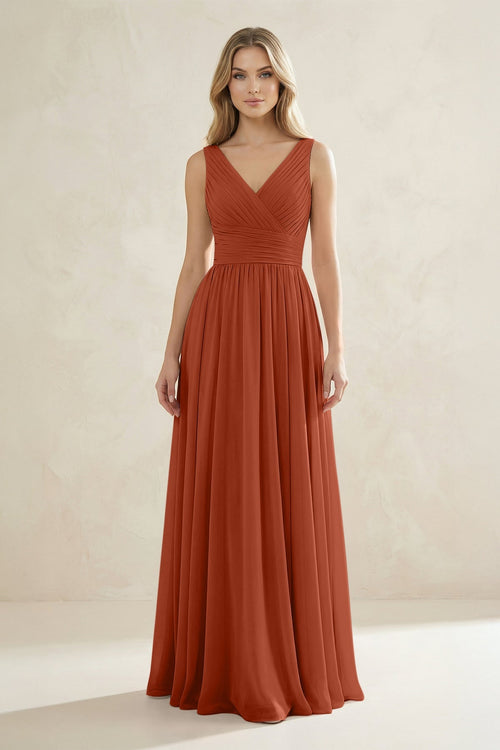 V - Neck Pleated A - Line Bridesmaid Dress in Spice - KISS BRIDAL Bridesmaid Dresses