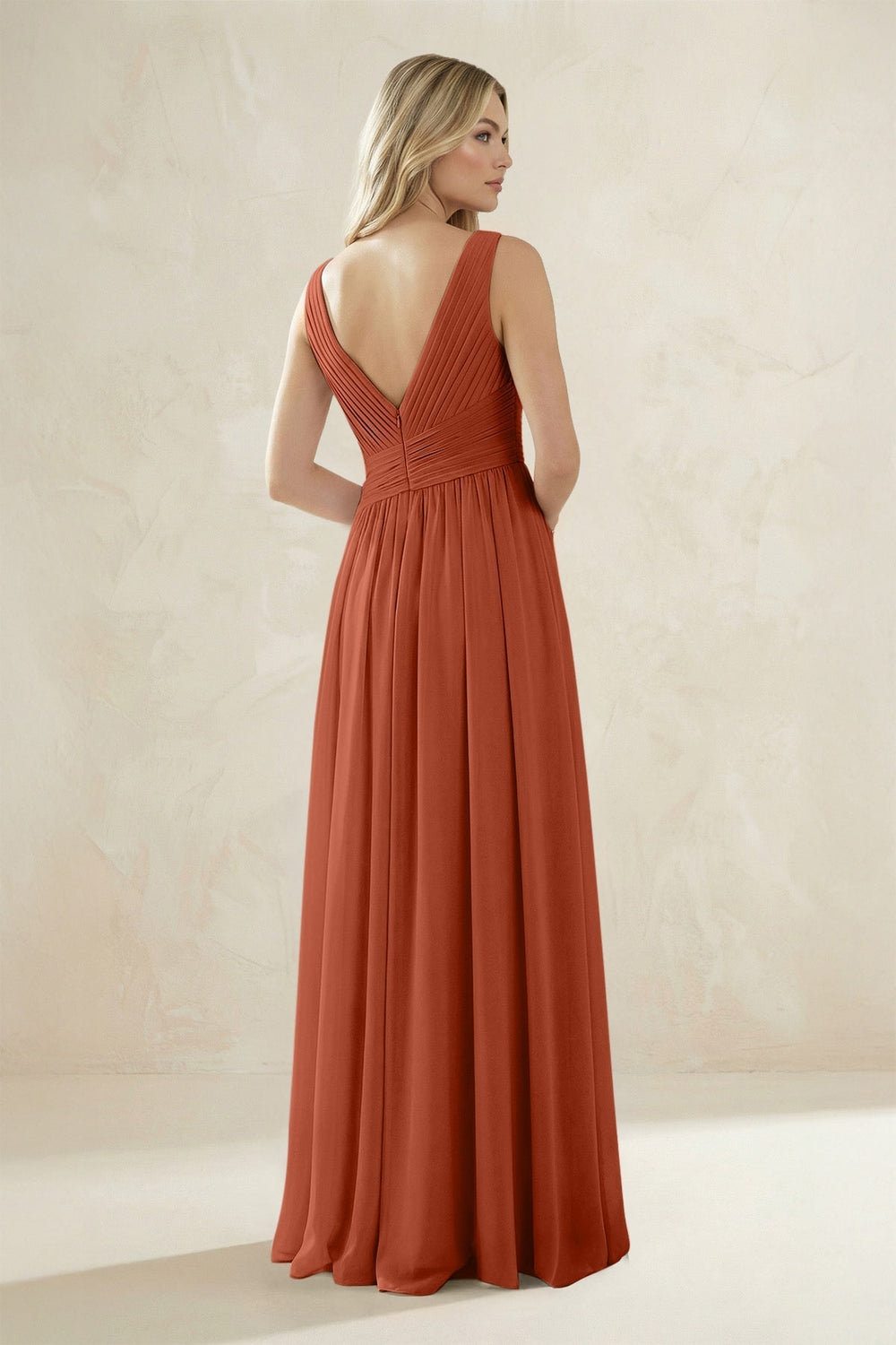 V-Neck Pleated A-Line Bridesmaid Dress in Spice