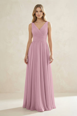 V-Neck Pleated A-Line Bridesmaid Dress in Vintage Mauve | KISSBRIDAL