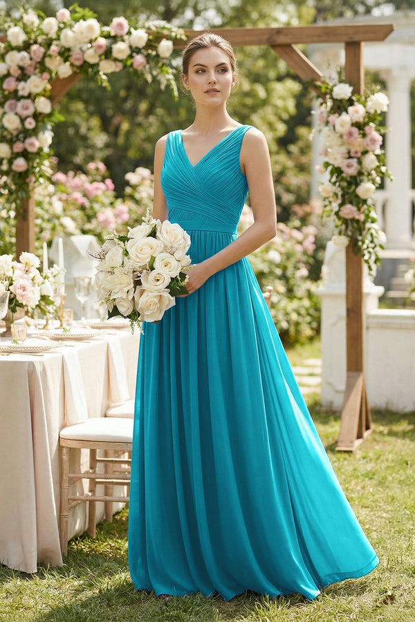 A-Line V-Neck Pleated Chiffon Bridesmaid Dress in Blue Jay - KISS BRIDAL BRIDESMAID DRESSES