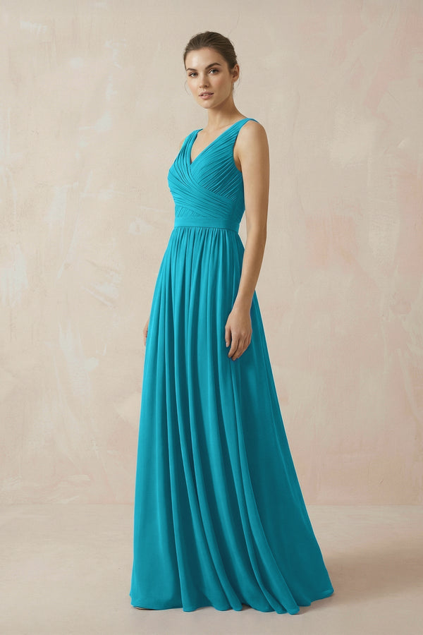 A-Line V-Neck Pleated Chiffon Bridesmaid Dress in Blue Jay - KISS BRIDAL BRIDESMAID DRESSES