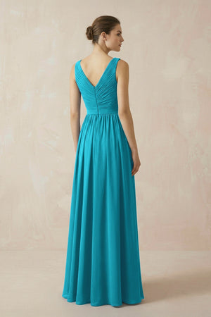 A-Line V-Neck Pleated Chiffon Bridesmaid Dress in Blue Jay - KISS BRIDAL BRIDESMAID DRESSES