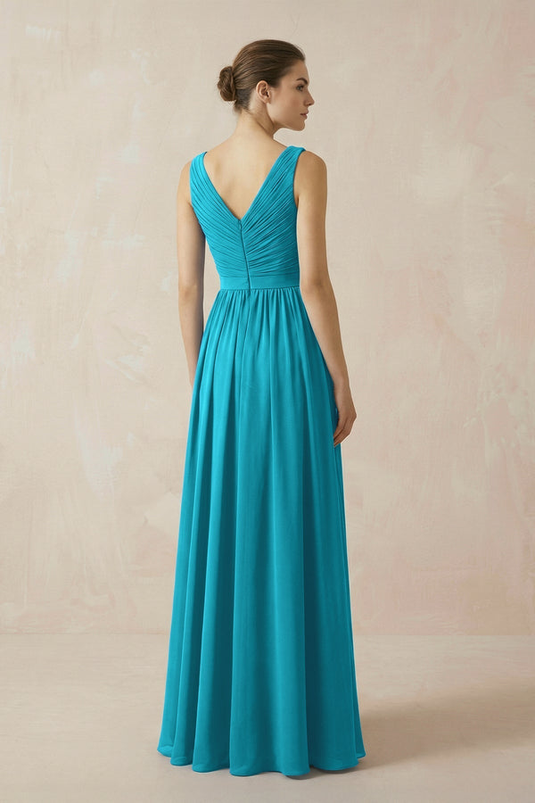 A-Line V-Neck Pleated Chiffon Bridesmaid Dress in Blue Jay - KISS BRIDAL BRIDESMAID DRESSES