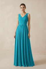 A-Line V-Neck Pleated Chiffon Bridesmaid Dress in Blue Jay - KISS BRIDAL BRIDESMAID DRESSES