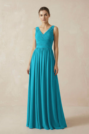 A-Line V-Neck Pleated Chiffon Bridesmaid Dress in Blue Jay - KISS BRIDAL BRIDESMAID DRESSES